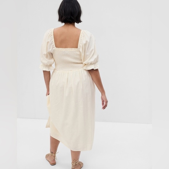 GAP Linen-Blend Puff Sleeve Square Neck Cream Midi Dress - Picture 3 of 9